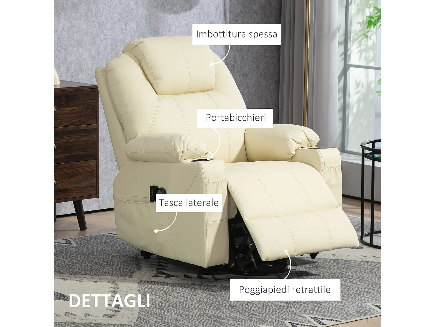 Poltrona reclinabile alzapersona massaggiante con telecomando crema