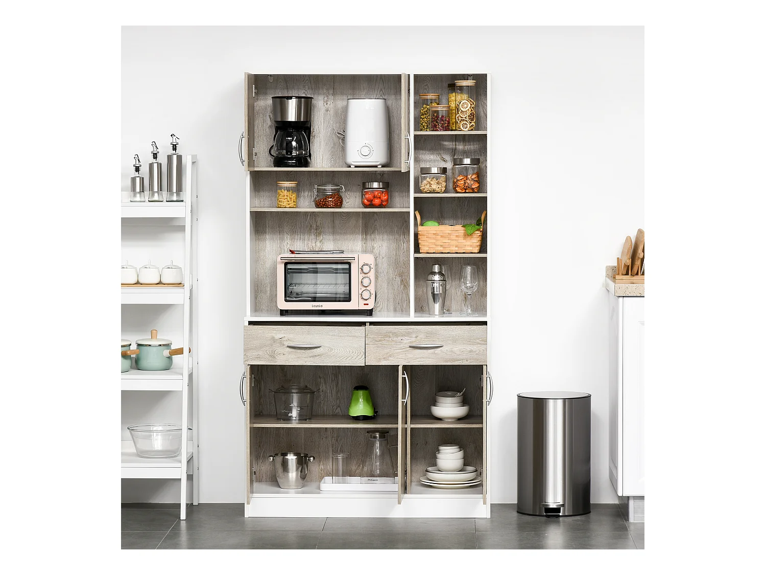 Credenza cucina con cassetti armadietti e vani aperti in legno