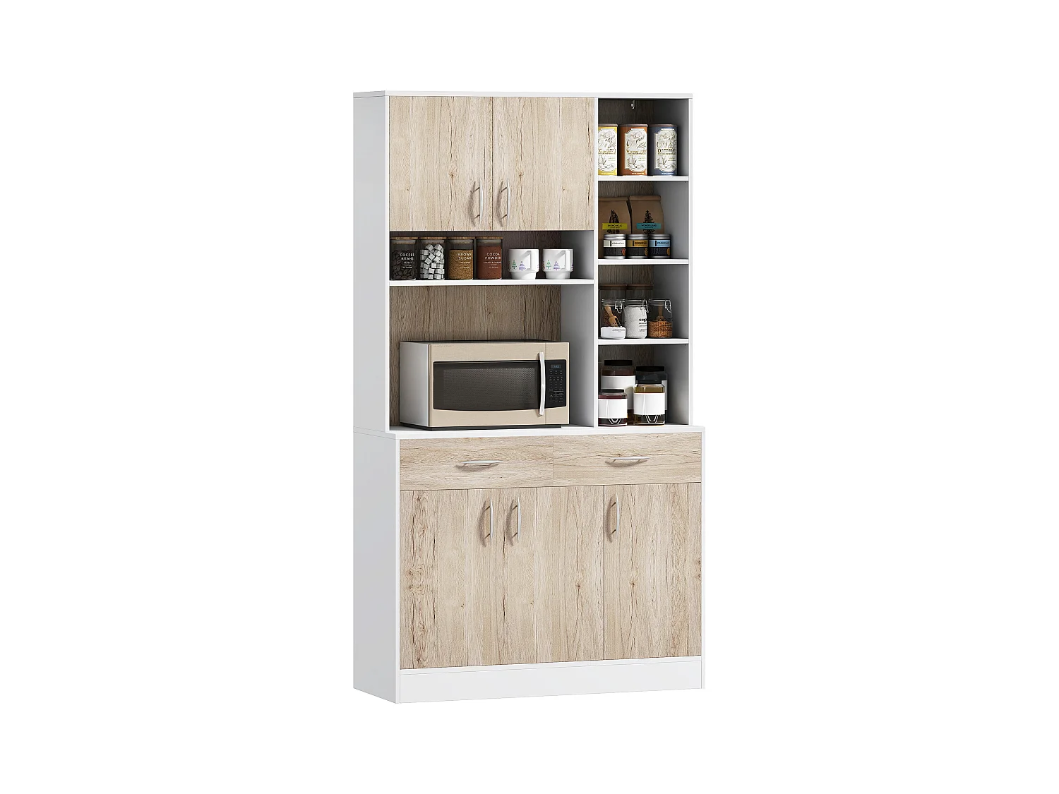 Credenza cucina con cassetti armadietti e vani aperti in legno