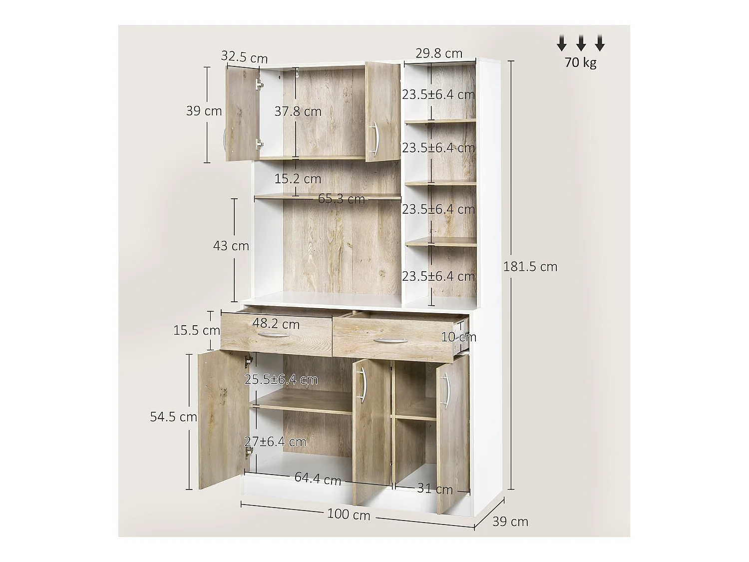 Credenza cucina con cassetti armadietti e vani aperti in legno