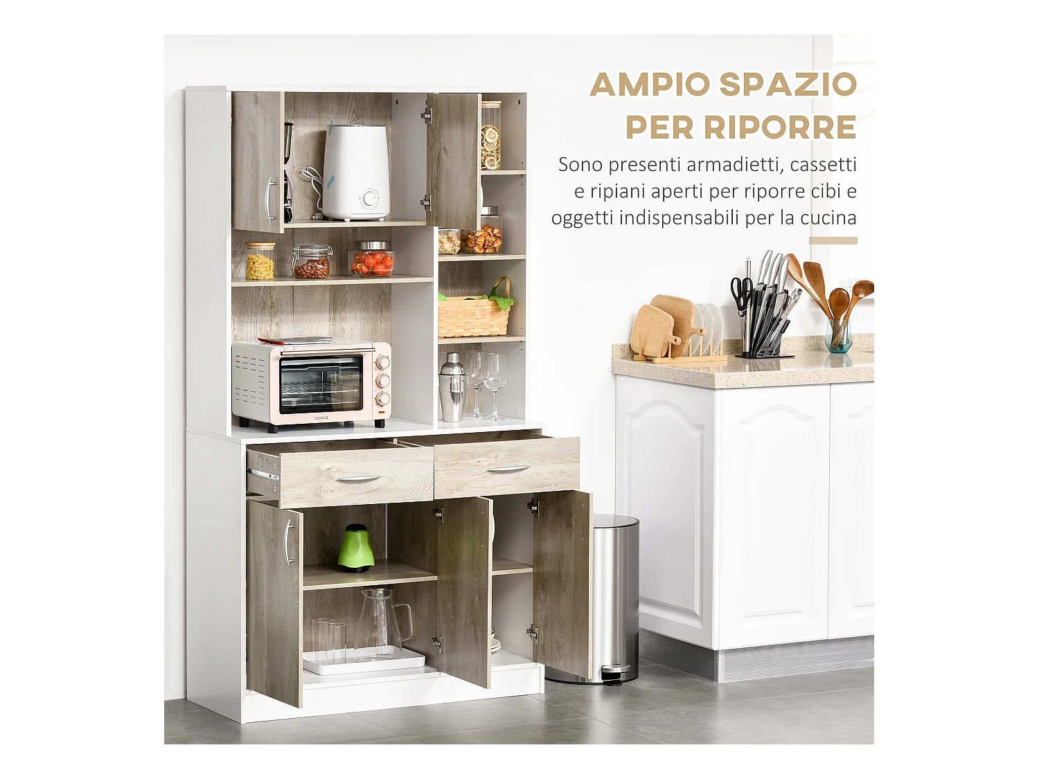 Credenza cucina con cassetti armadietti e vani aperti in legno