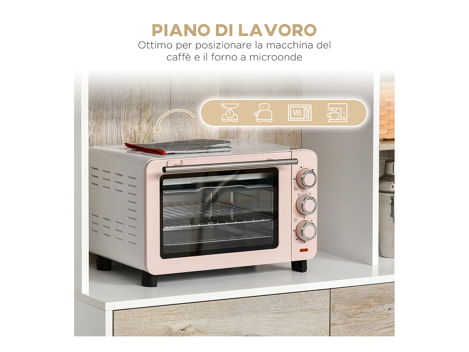 Credenza cucina con cassetti armadietti e vani aperti in legno