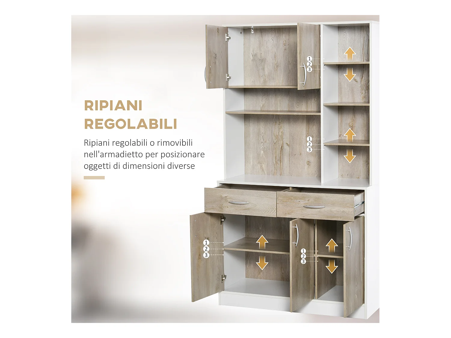 Credenza cucina con cassetti armadietti e vani aperti in legno