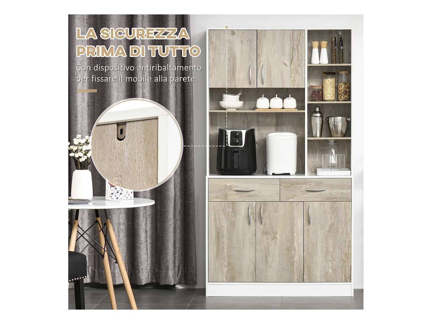 Credenza cucina con cassetti armadietti e vani aperti in legno
