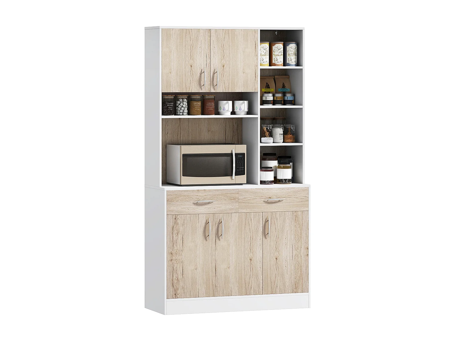 Credenza cucina con cassetti armadietti e vani aperti in legno