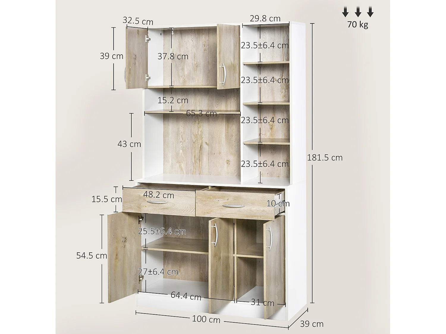 Credenza cucina con cassetti armadietti e vani aperti in legno