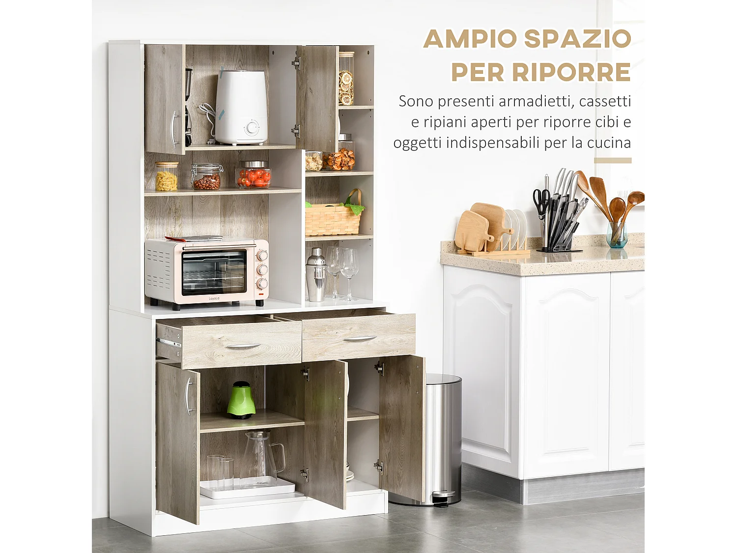 Credenza cucina con cassetti armadietti e vani aperti in legno