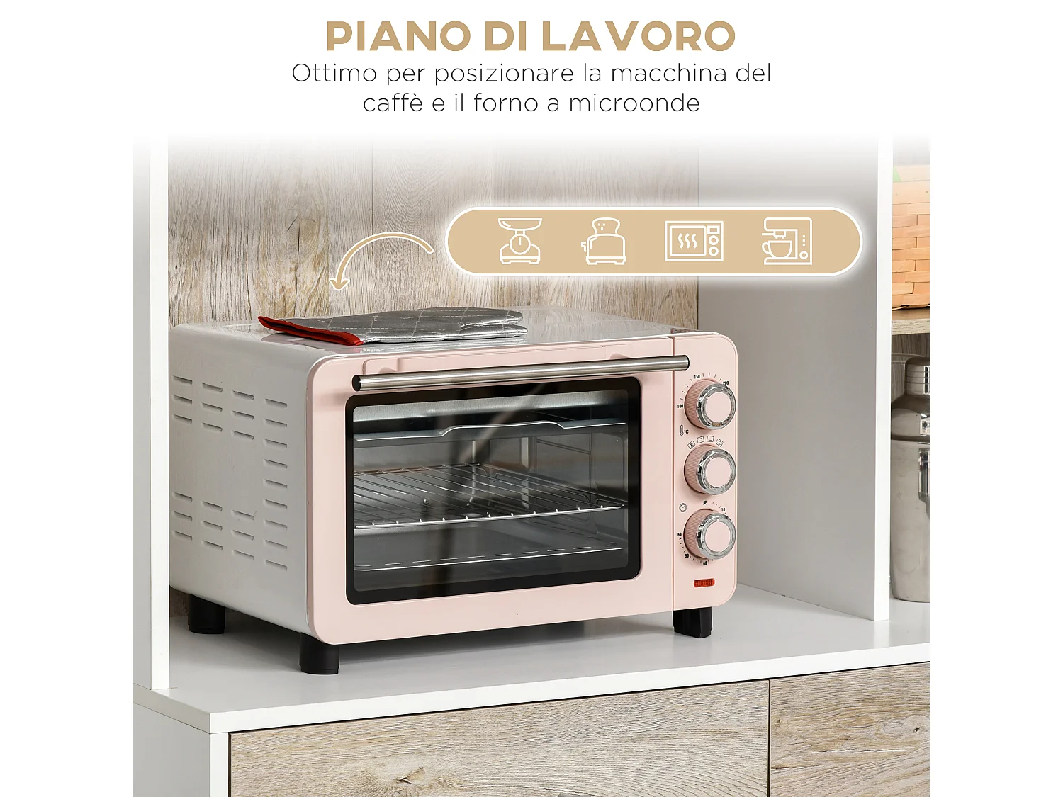 Credenza cucina con cassetti armadietti e vani aperti in legno