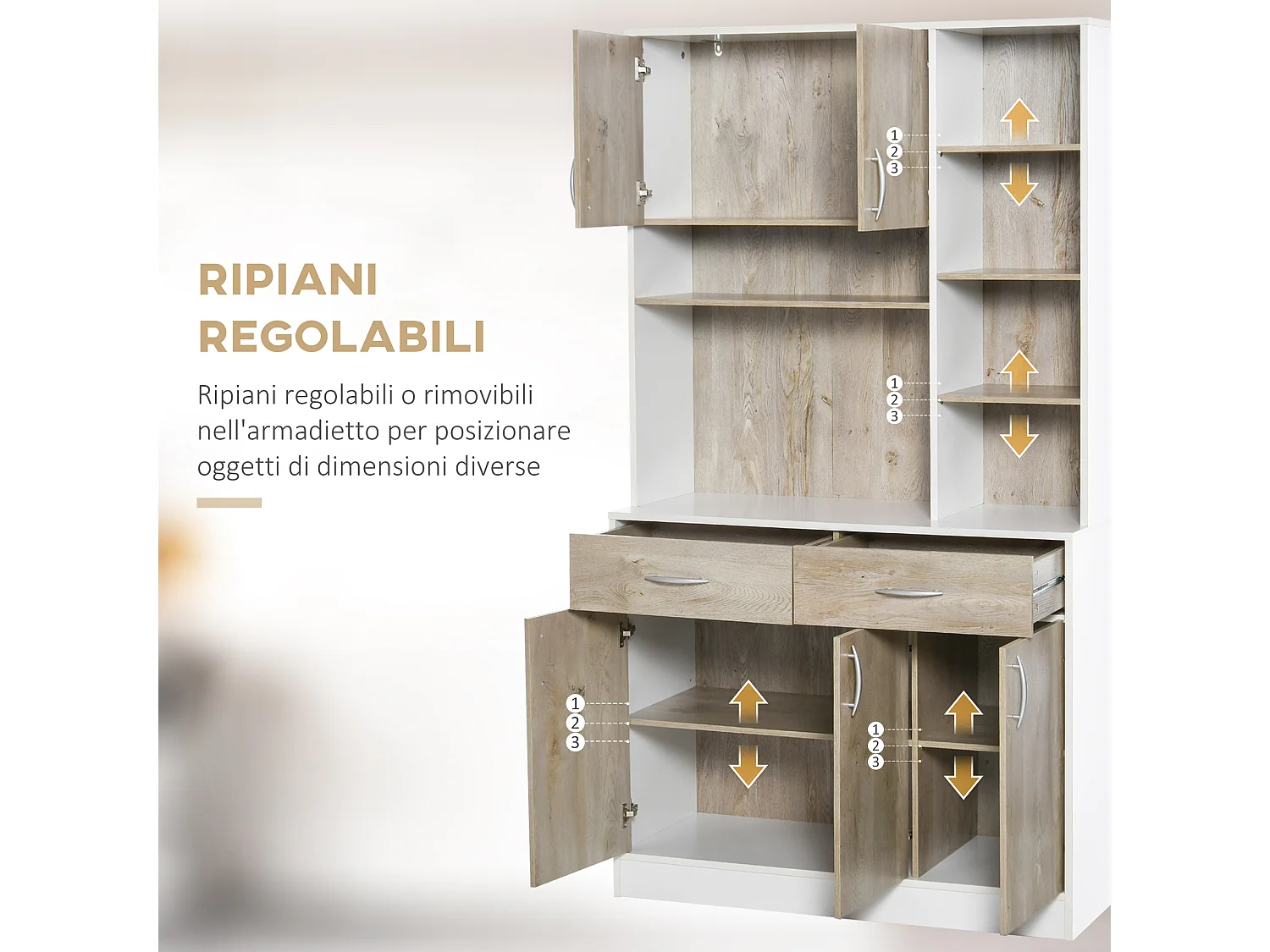 Credenza cucina con cassetti armadietti e vani aperti in legno