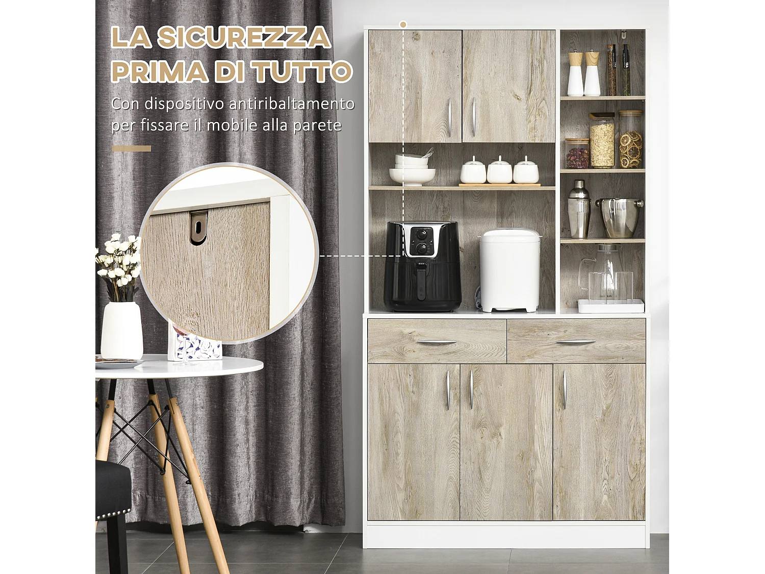 Credenza cucina con cassetti armadietti e vani aperti in legno