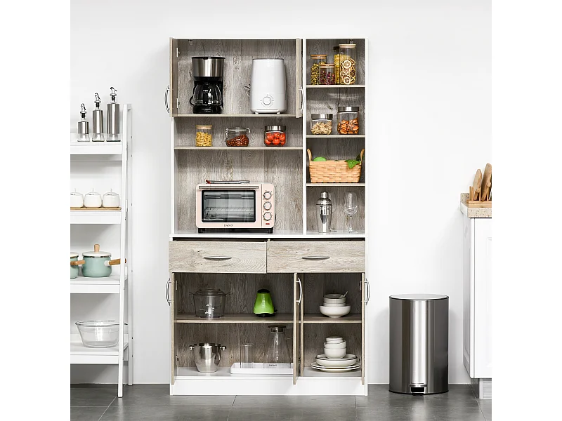 Credenza cucina con cassetti armadietti e vani aperti in legno