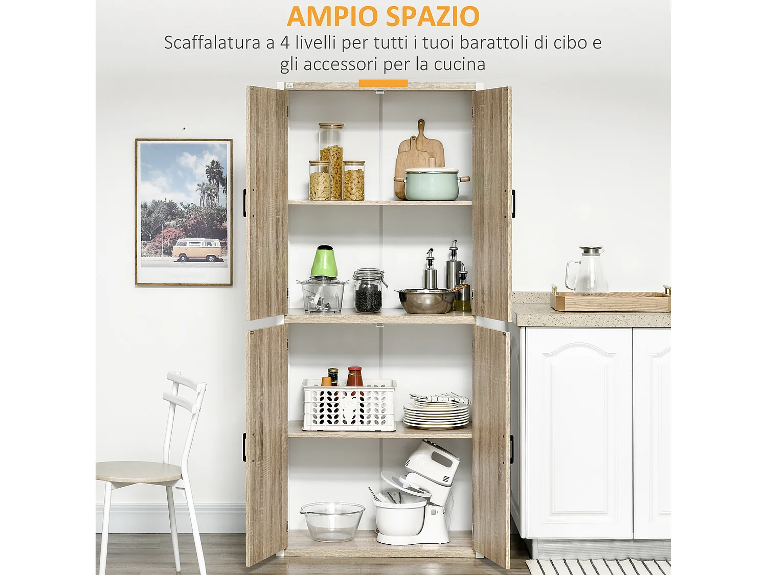 Dispensa cucina in legno mdf con 4 ripiani e 4 porte bianco