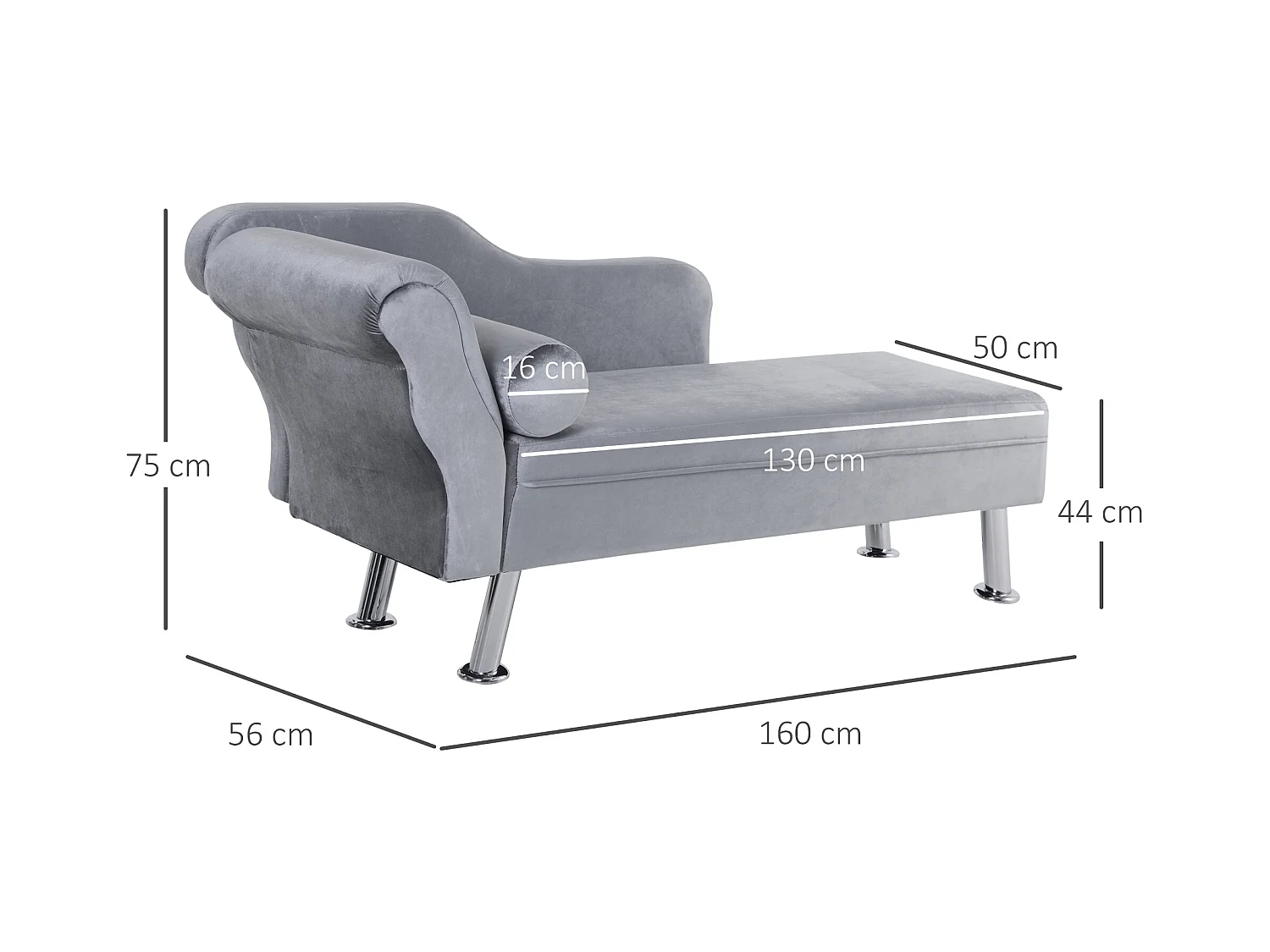Chaise longue vintage velluto grigio con cuscino