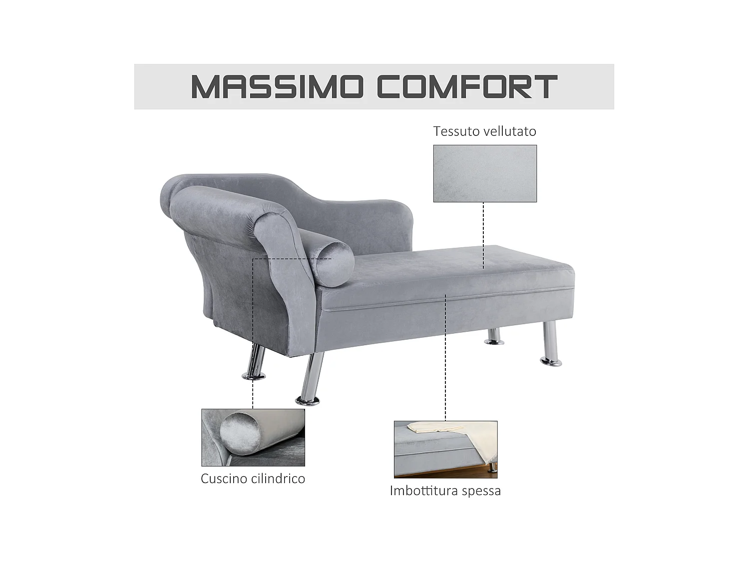 Chaise longue vintage velluto grigio con cuscino