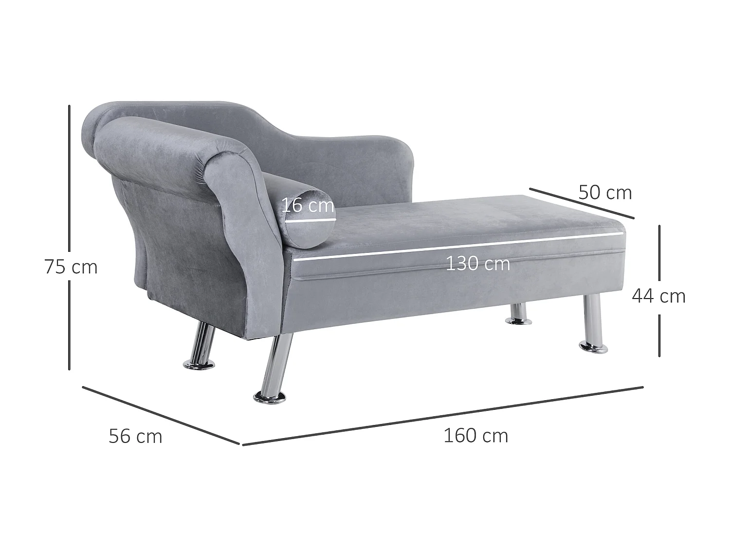 Chaise longue vintage velluto grigio con cuscino