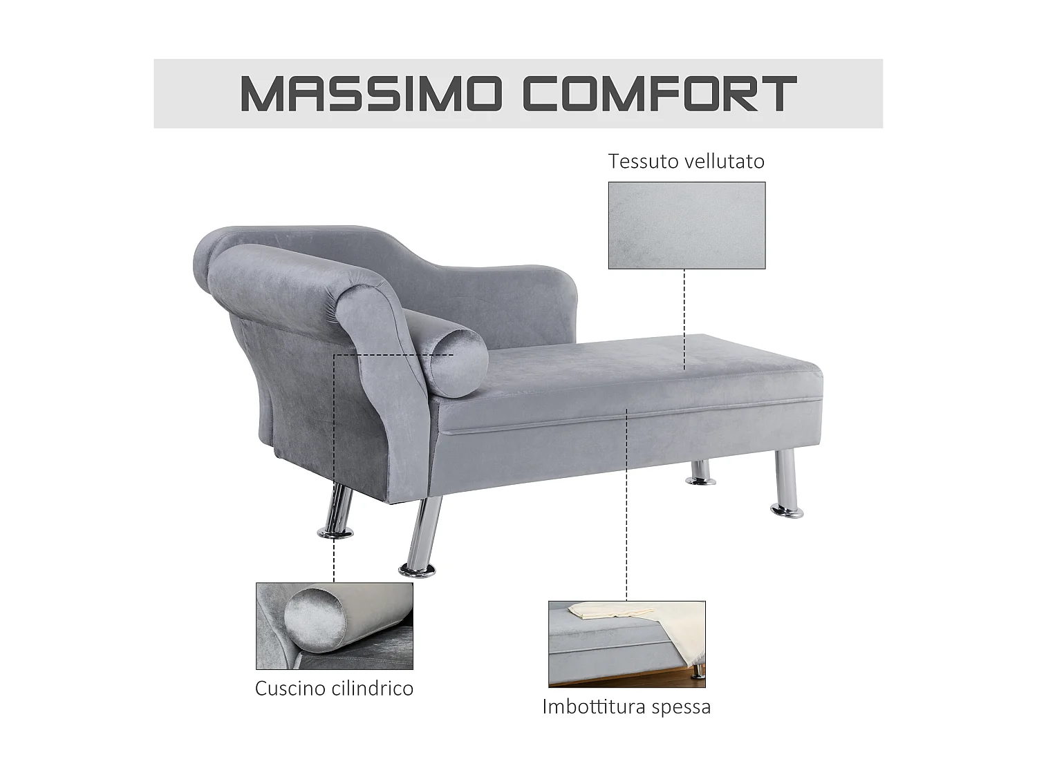Chaise longue vintage velluto grigio con cuscino