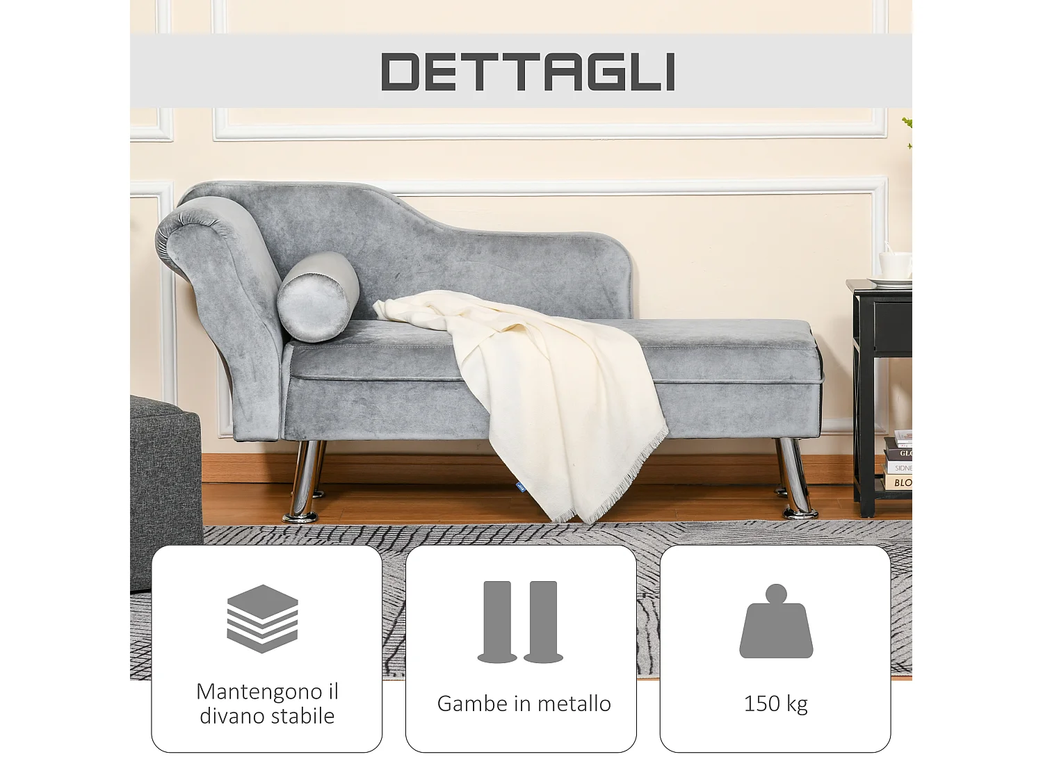 Chaise longue vintage velluto grigio con cuscino