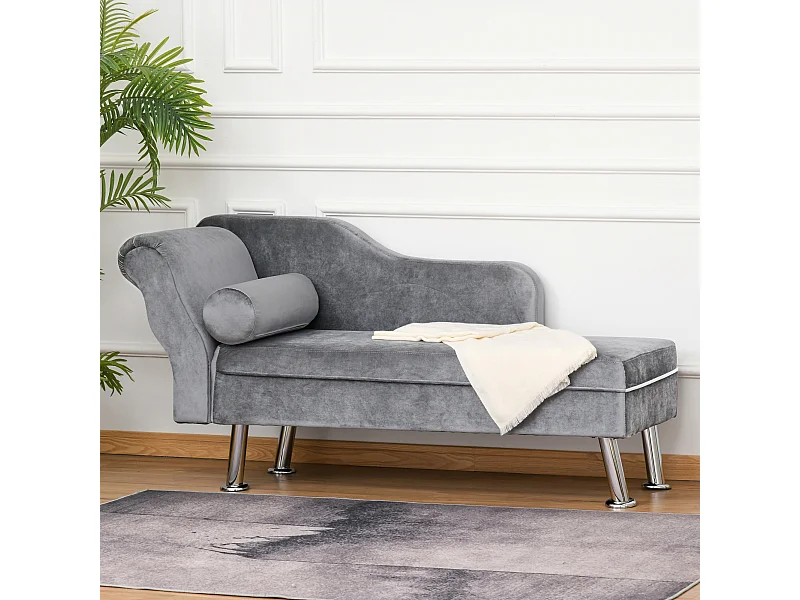Chaise longue vintage velluto grigio con cuscino