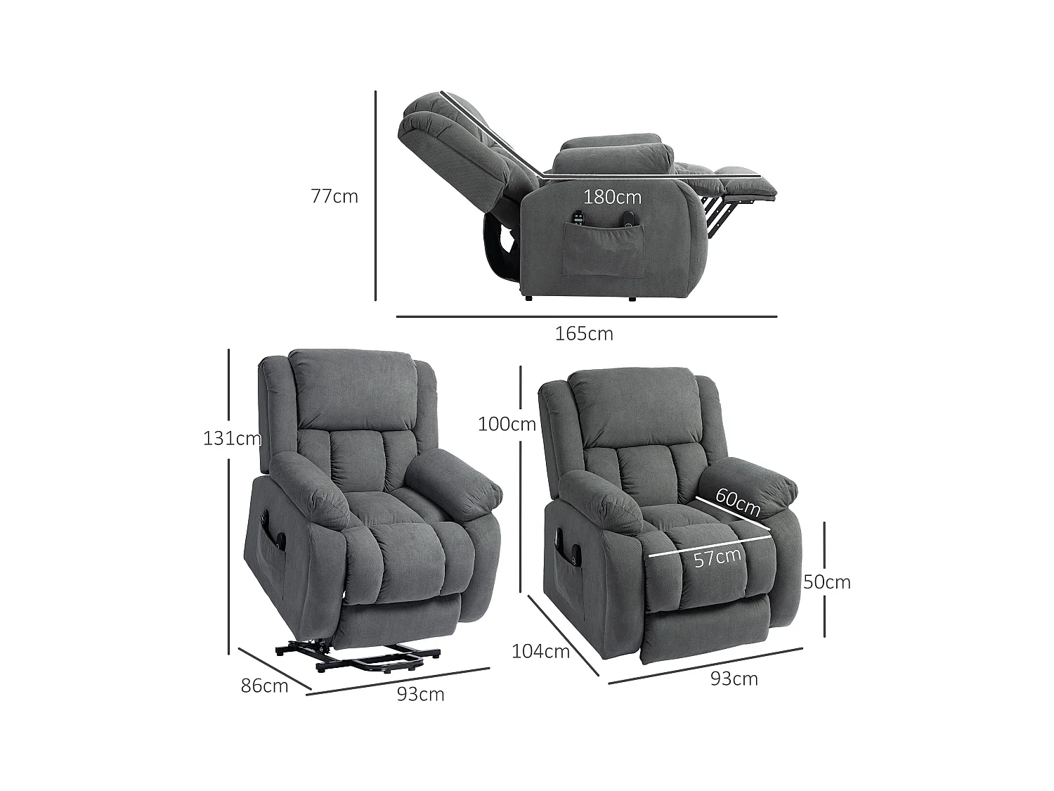 Poltrona alzapersona e reclinabile con 2 tasche e telecomando grigio