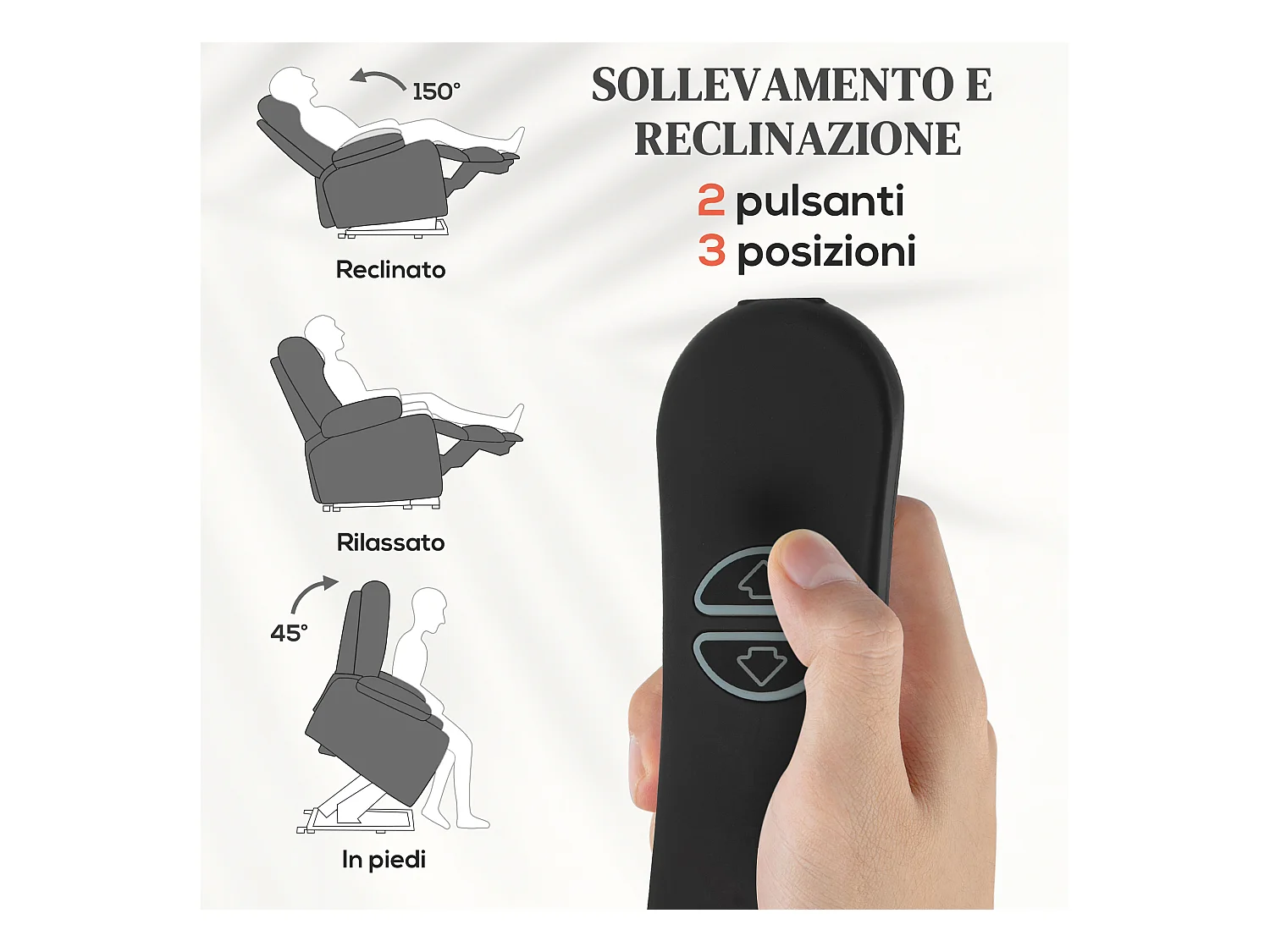 Poltrona alzapersona e reclinabile con 2 tasche e telecomando grigio