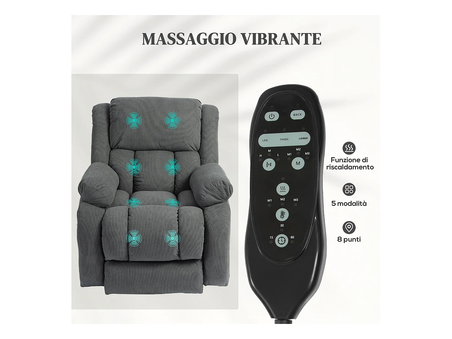 Poltrona alzapersona e reclinabile con 2 tasche e telecomando grigio