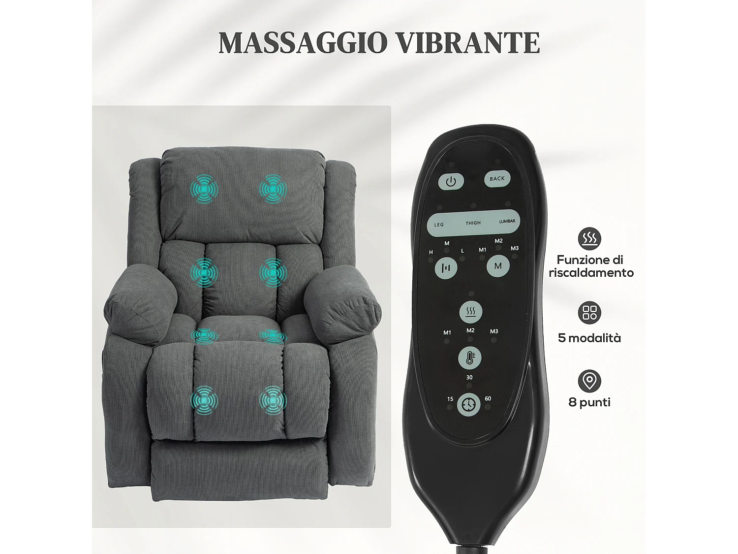 Poltrona alzapersona e reclinabile con 2 tasche e telecomando grigio