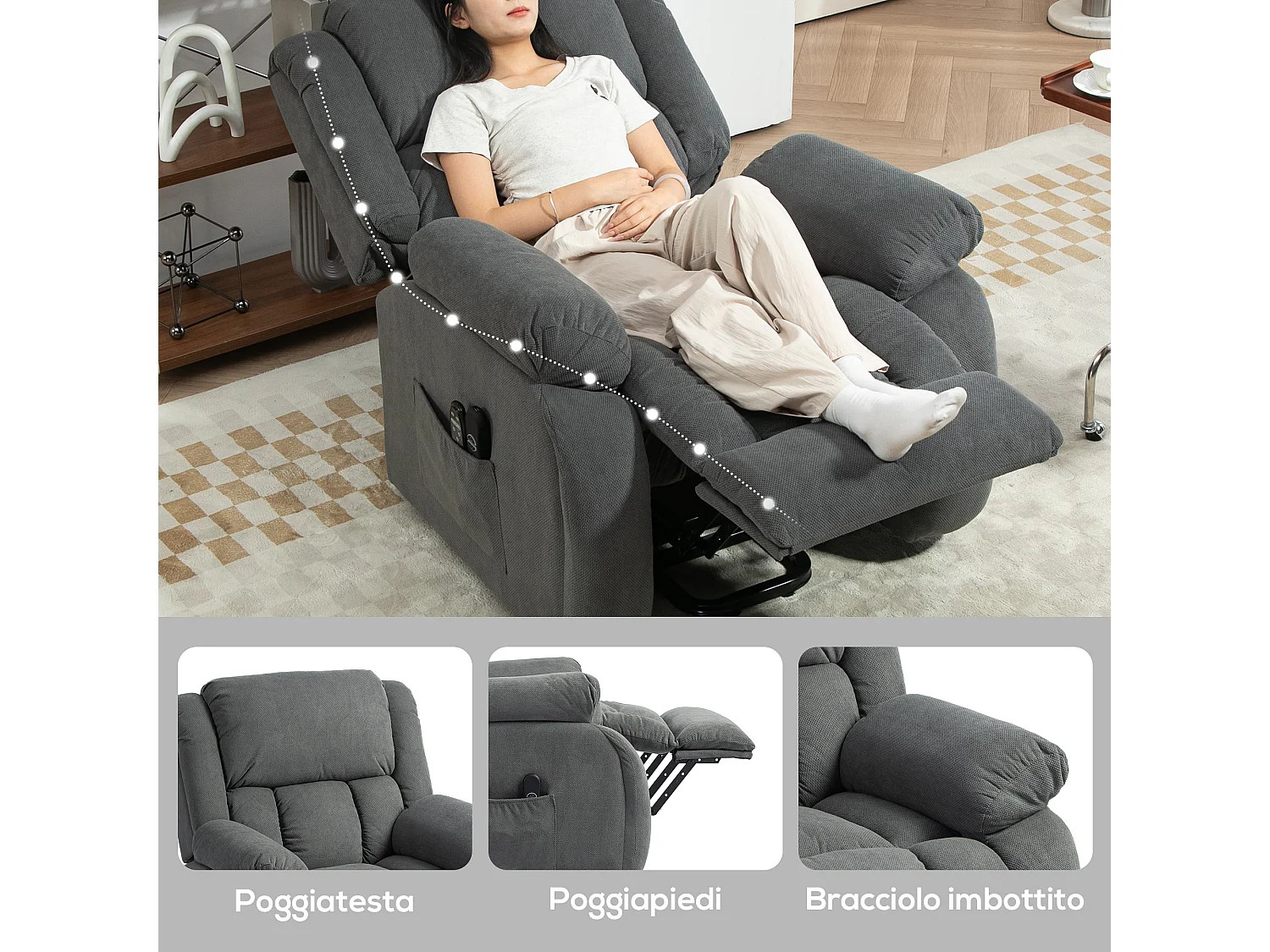 Poltrona alzapersona e reclinabile con 2 tasche e telecomando grigio