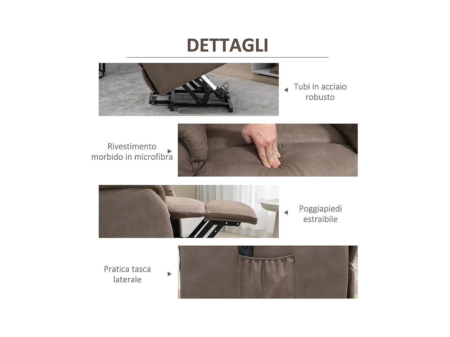 Poltrona alzapersona reclinabile 150° con telecomando marrone