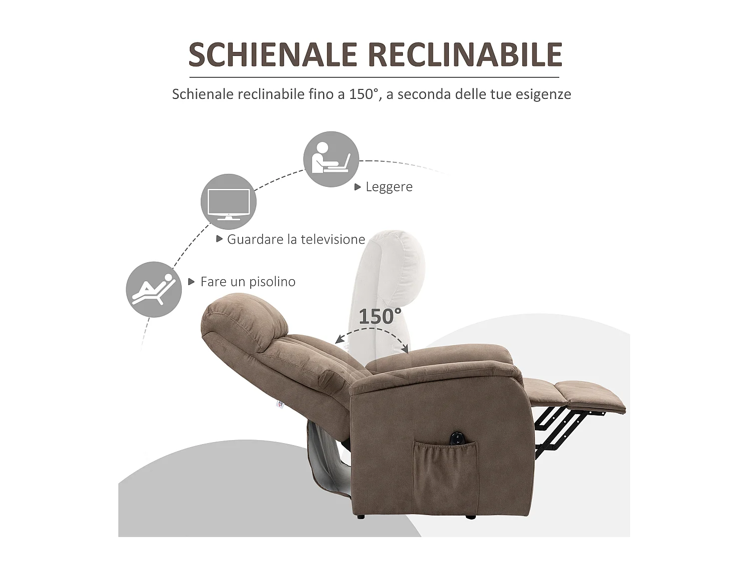 Poltrona alzapersona reclinabile 150° con telecomando marrone