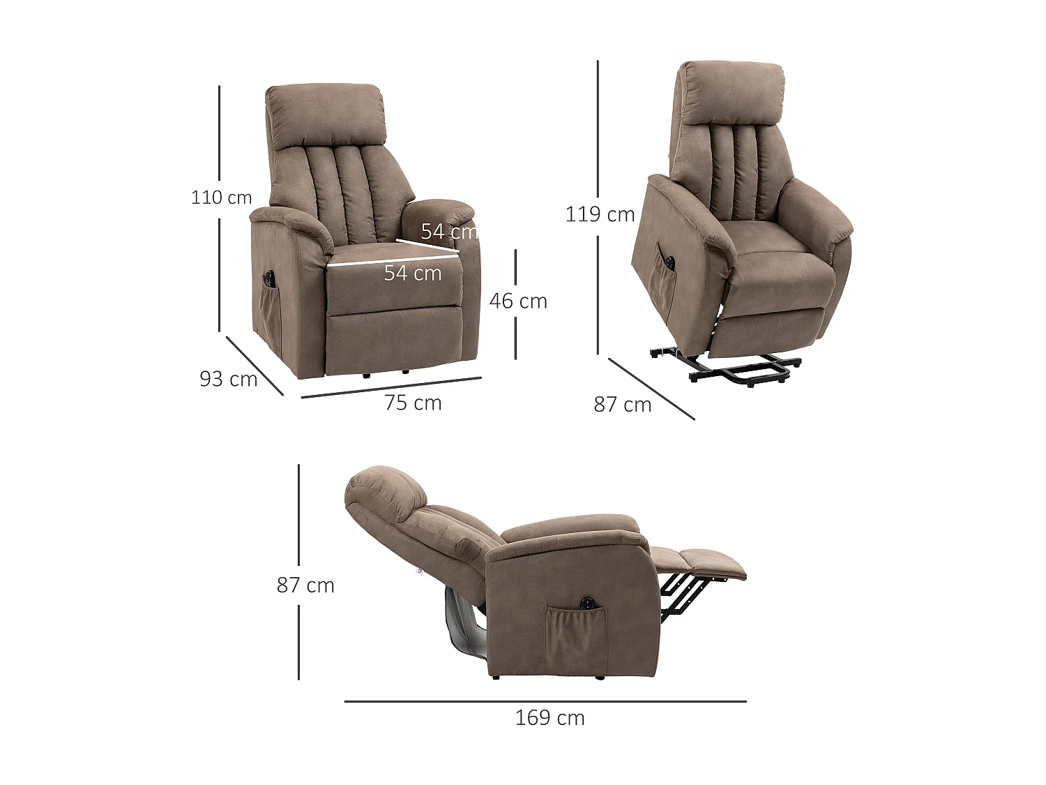 Poltrona alzapersona reclinabile 150° con telecomando marrone