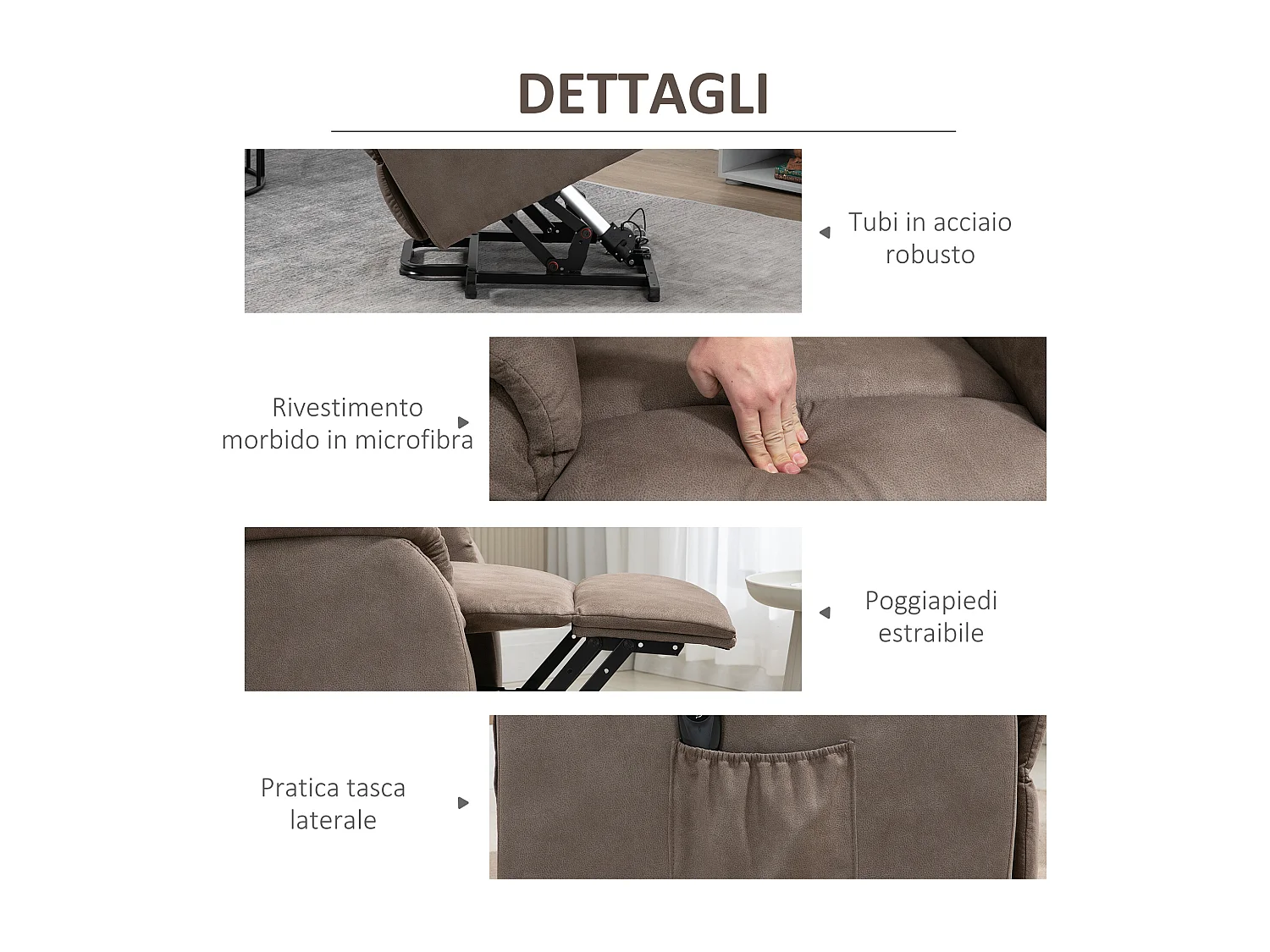 Poltrona alzapersona reclinabile 150° con telecomando marrone