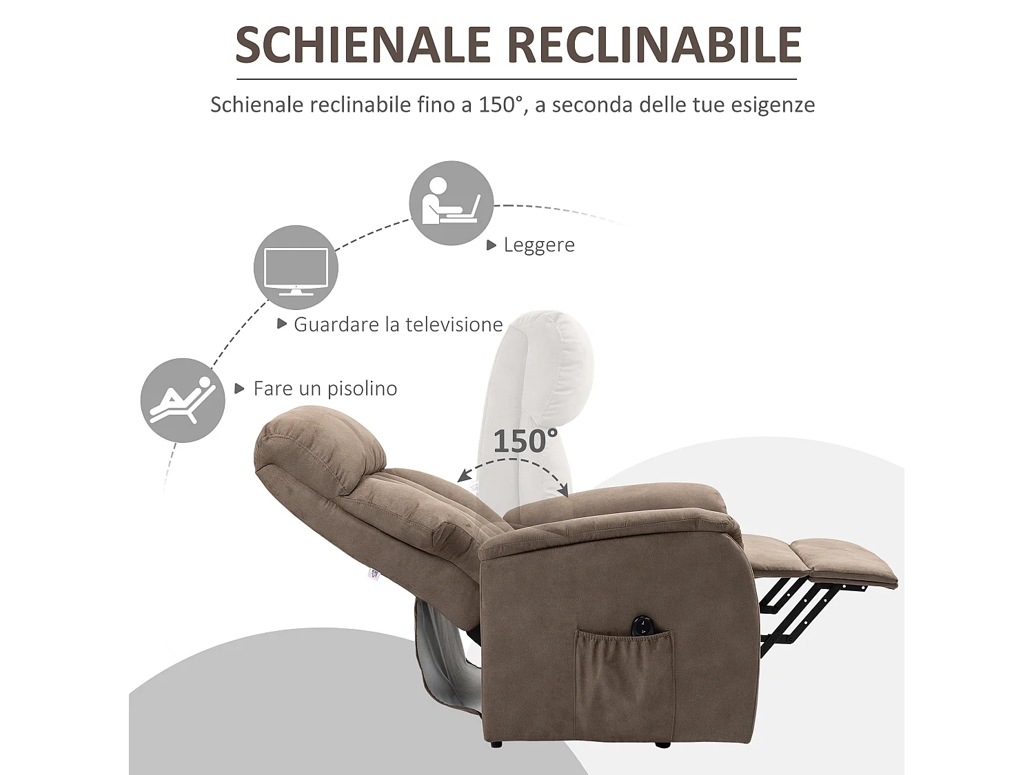Poltrona alzapersona reclinabile 150° con telecomando marrone
