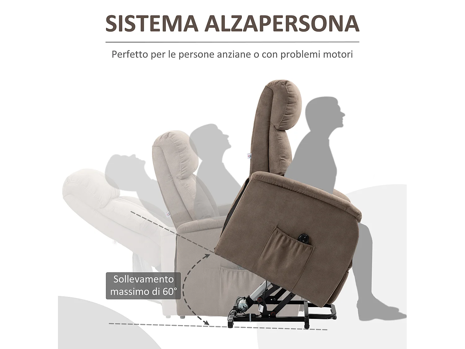 Poltrona alzapersona reclinabile 150° con telecomando marrone
