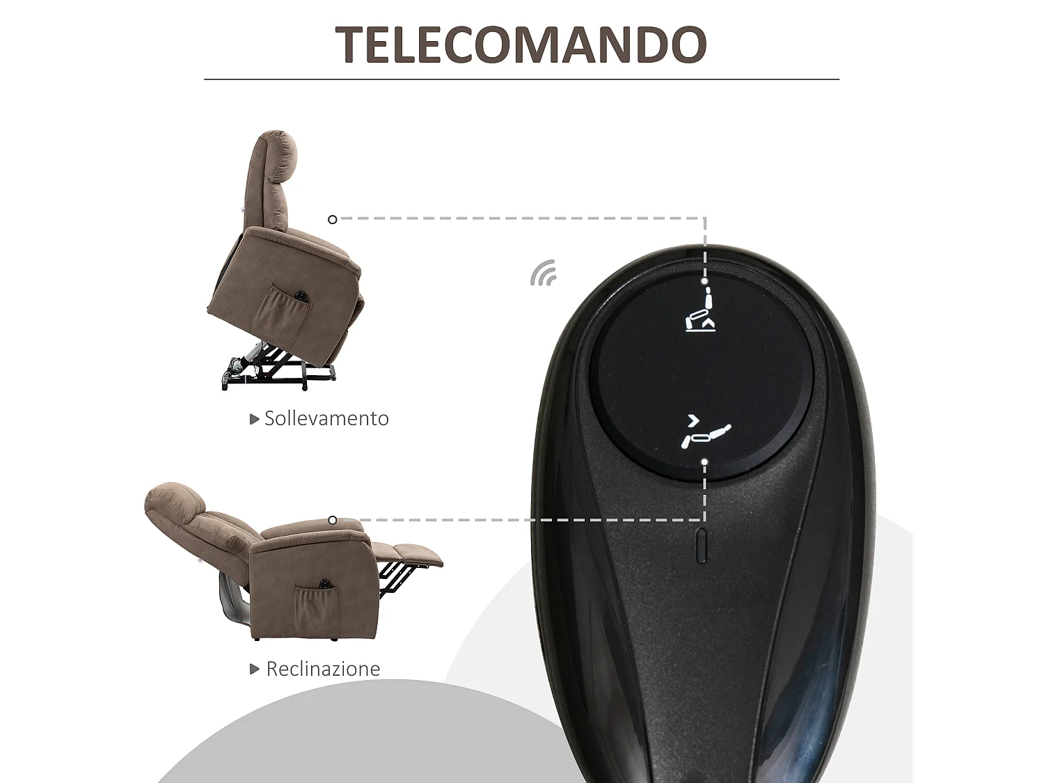 Poltrona alzapersona reclinabile 150° con telecomando marrone