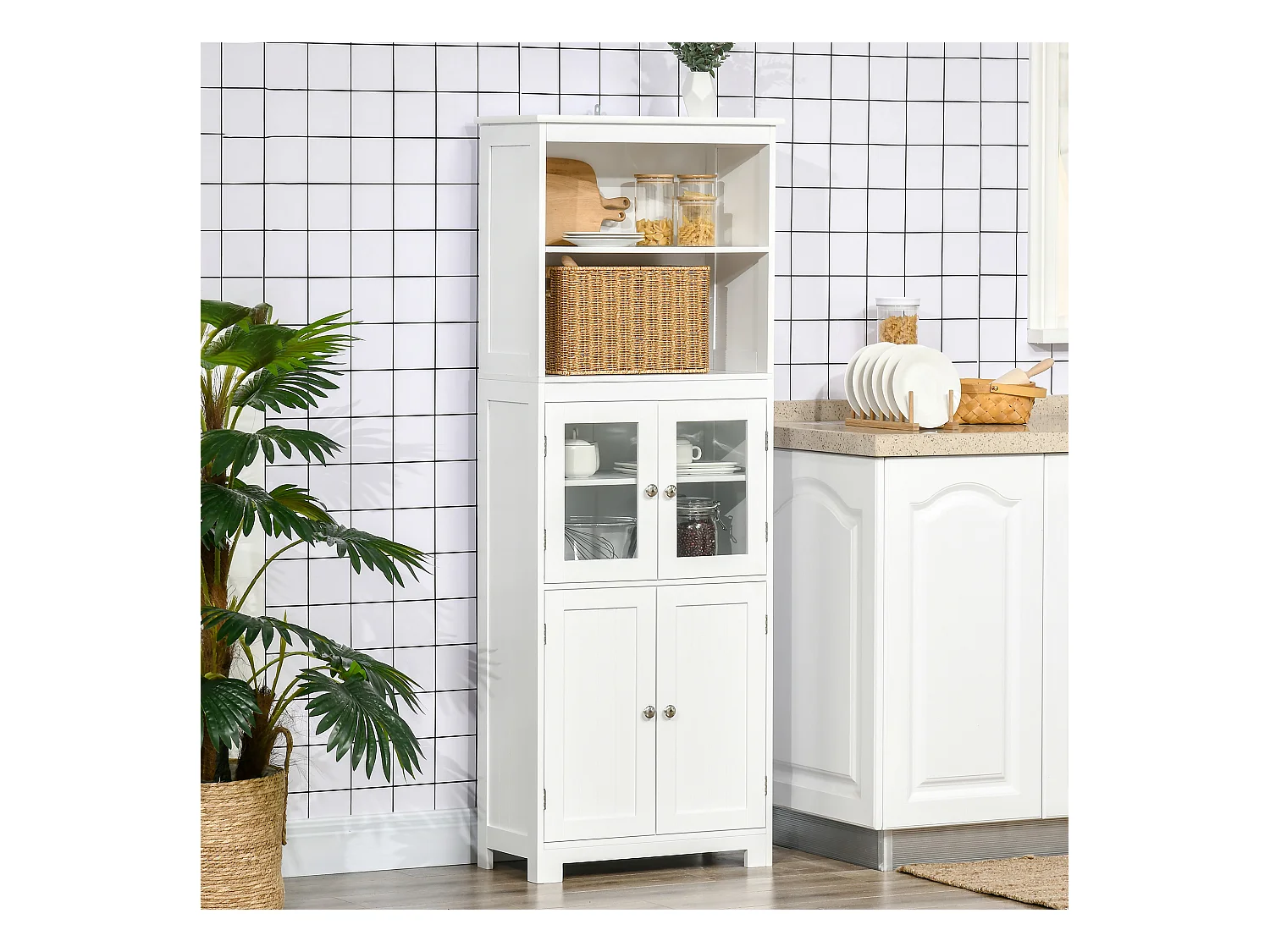 Mobile dispensa con 2 ripiani aperti e 2 armadietti in mdf bianco