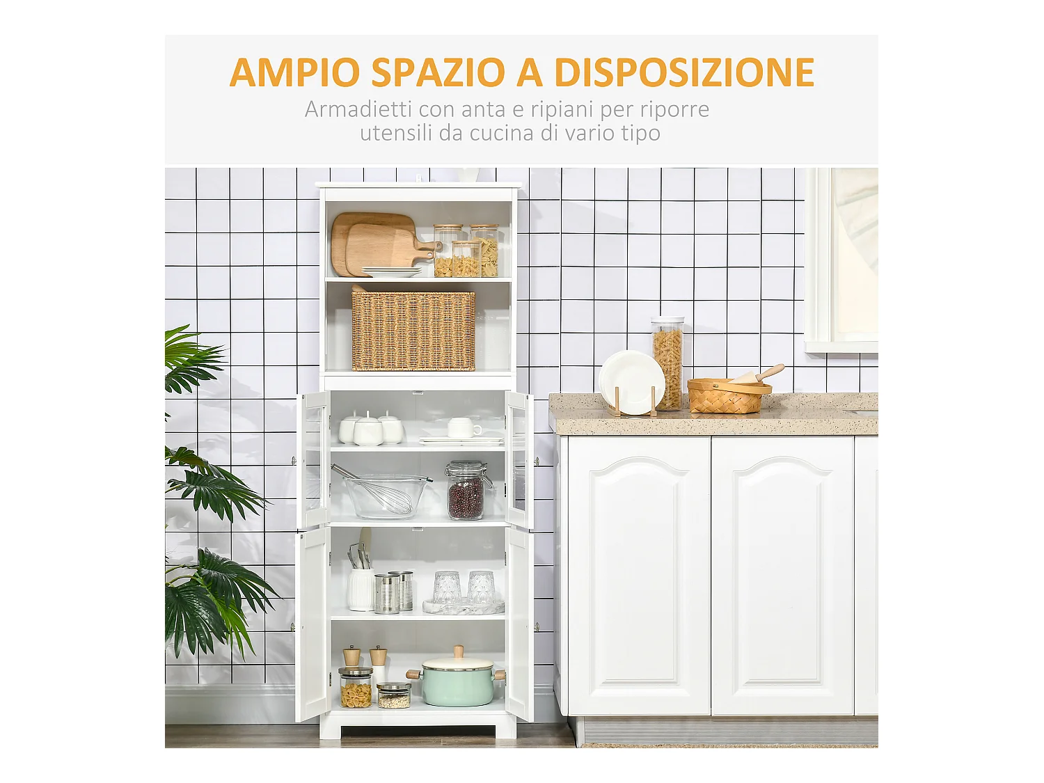 Mobile dispensa con 2 ripiani aperti e 2 armadietti in mdf bianco