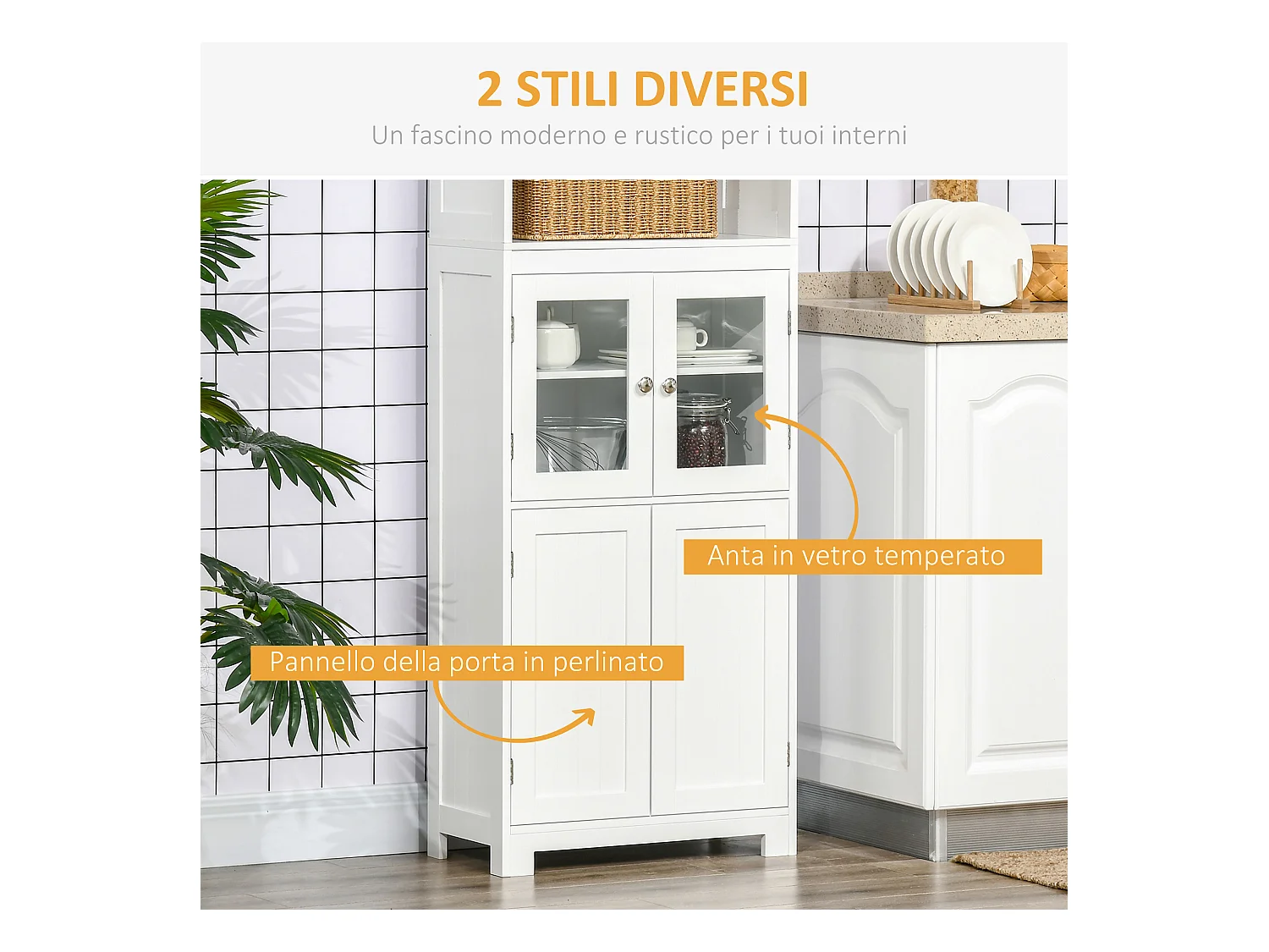 Mobile dispensa con 2 ripiani aperti e 2 armadietti in mdf bianco