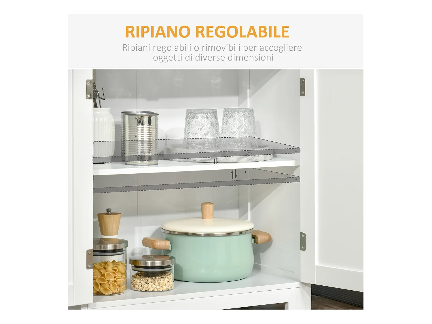 Mobile dispensa con 2 ripiani aperti e 2 armadietti in mdf bianco