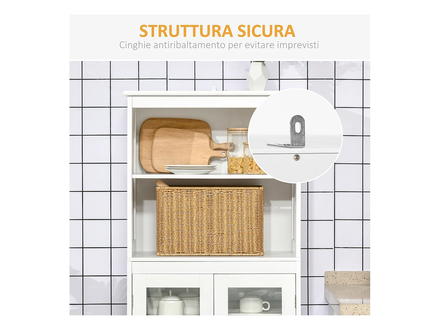 Mobile dispensa con 2 ripiani aperti e 2 armadietti in mdf bianco