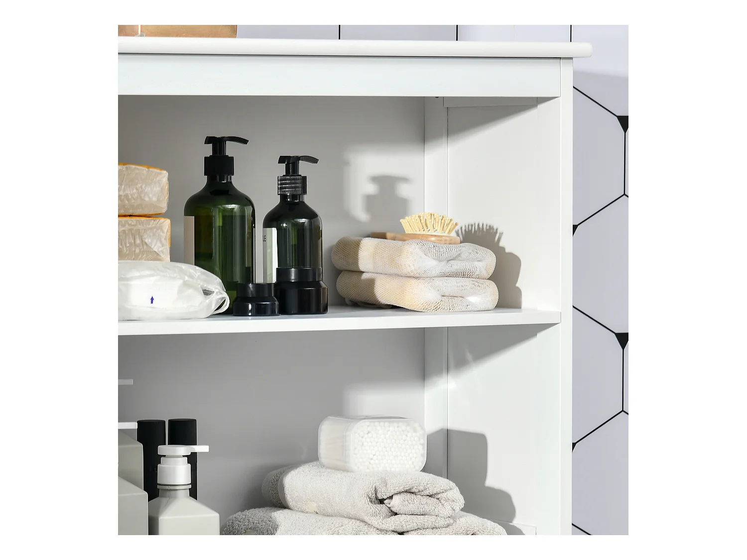 Mobile dispensa con 2 ripiani aperti e 2 armadietti in mdf bianco