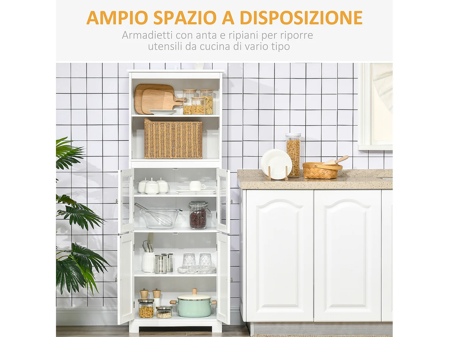 Mobile dispensa con 2 ripiani aperti e 2 armadietti in mdf bianco