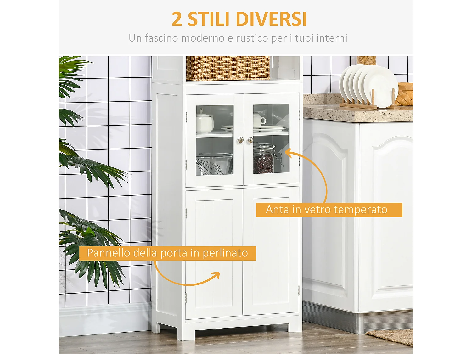 Mobile dispensa con 2 ripiani aperti e 2 armadietti in mdf bianco