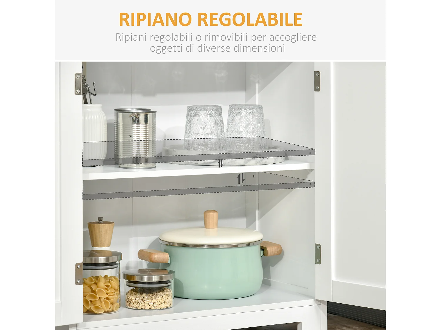 Mobile dispensa con 2 ripiani aperti e 2 armadietti in mdf bianco