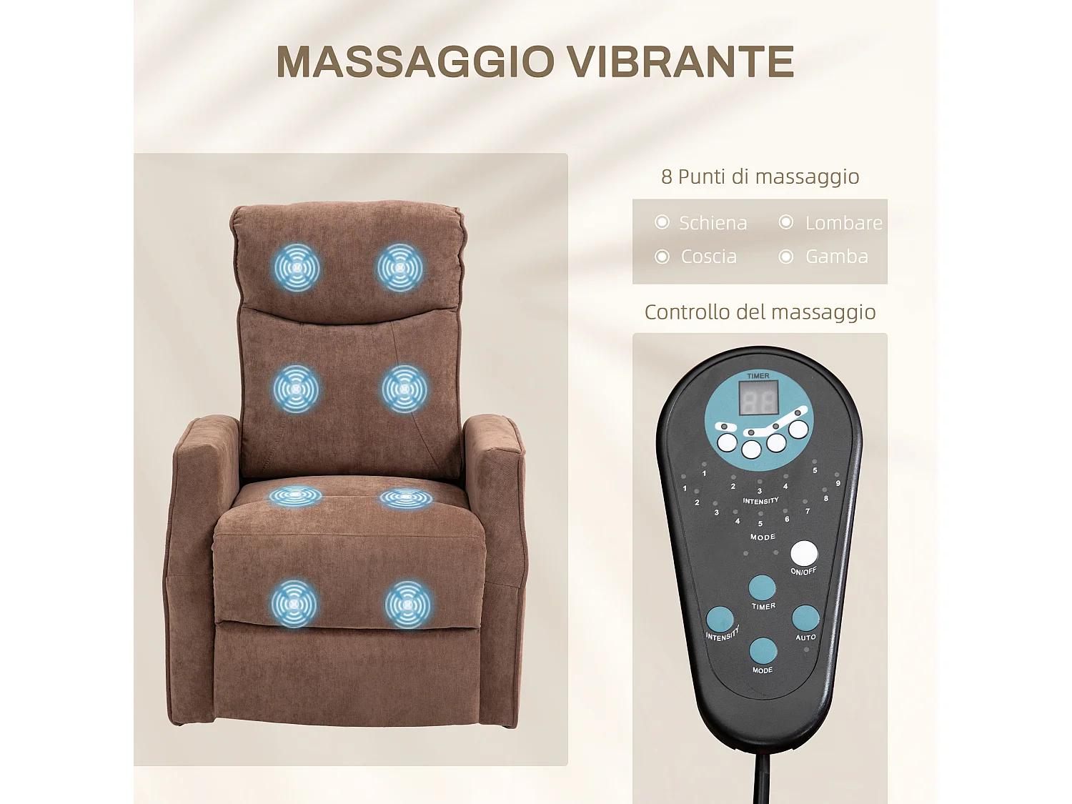 Poltrona relax alzapersona reclinabile con 8 punti massaggio marrone