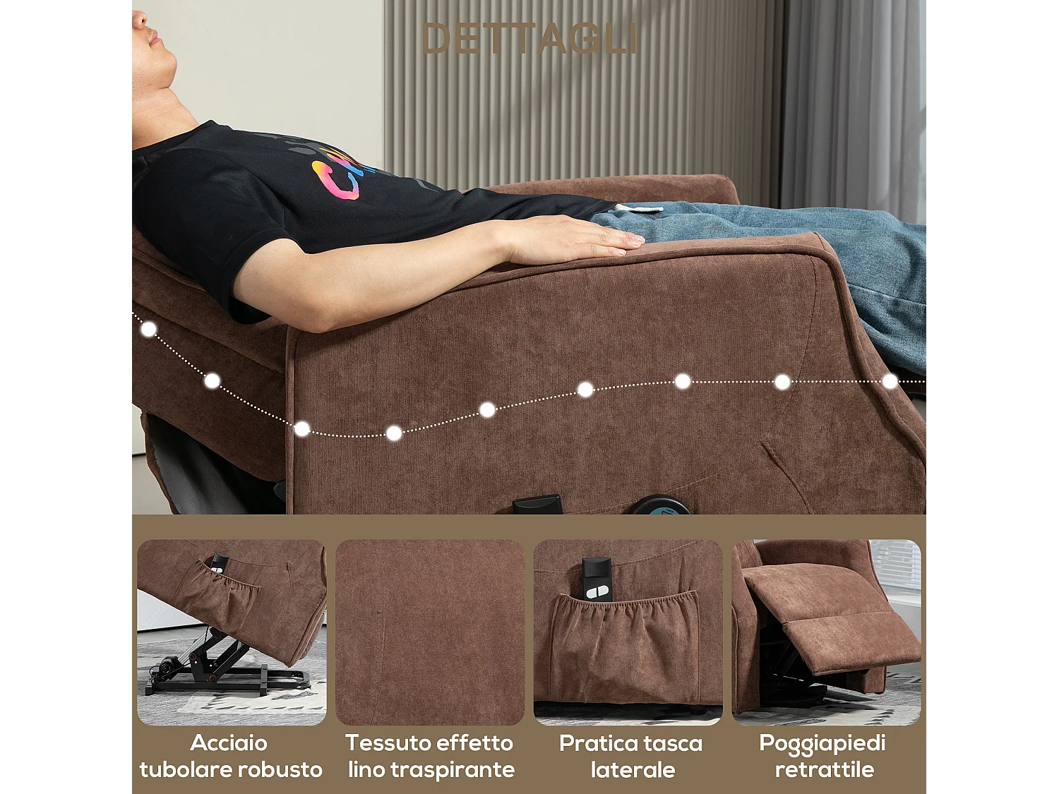 Poltrona relax alzapersona reclinabile con 8 punti massaggio marrone