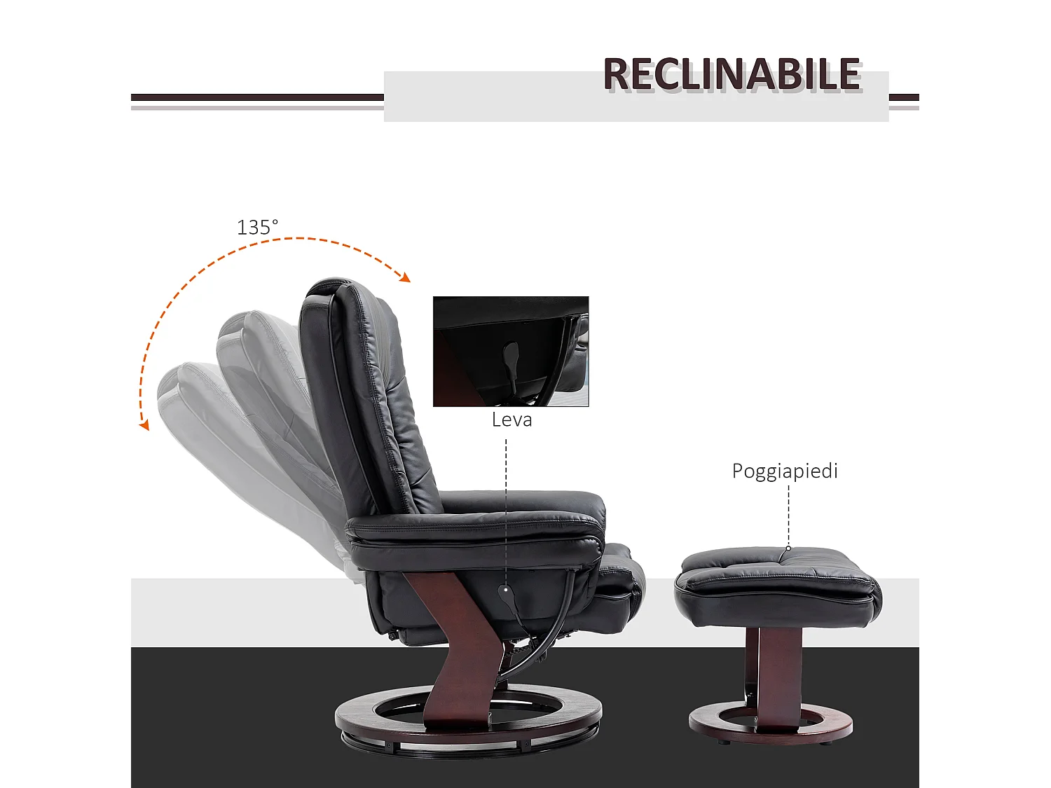 Set poltrona relax e pouf poggiapiedi reclinabile e girevole