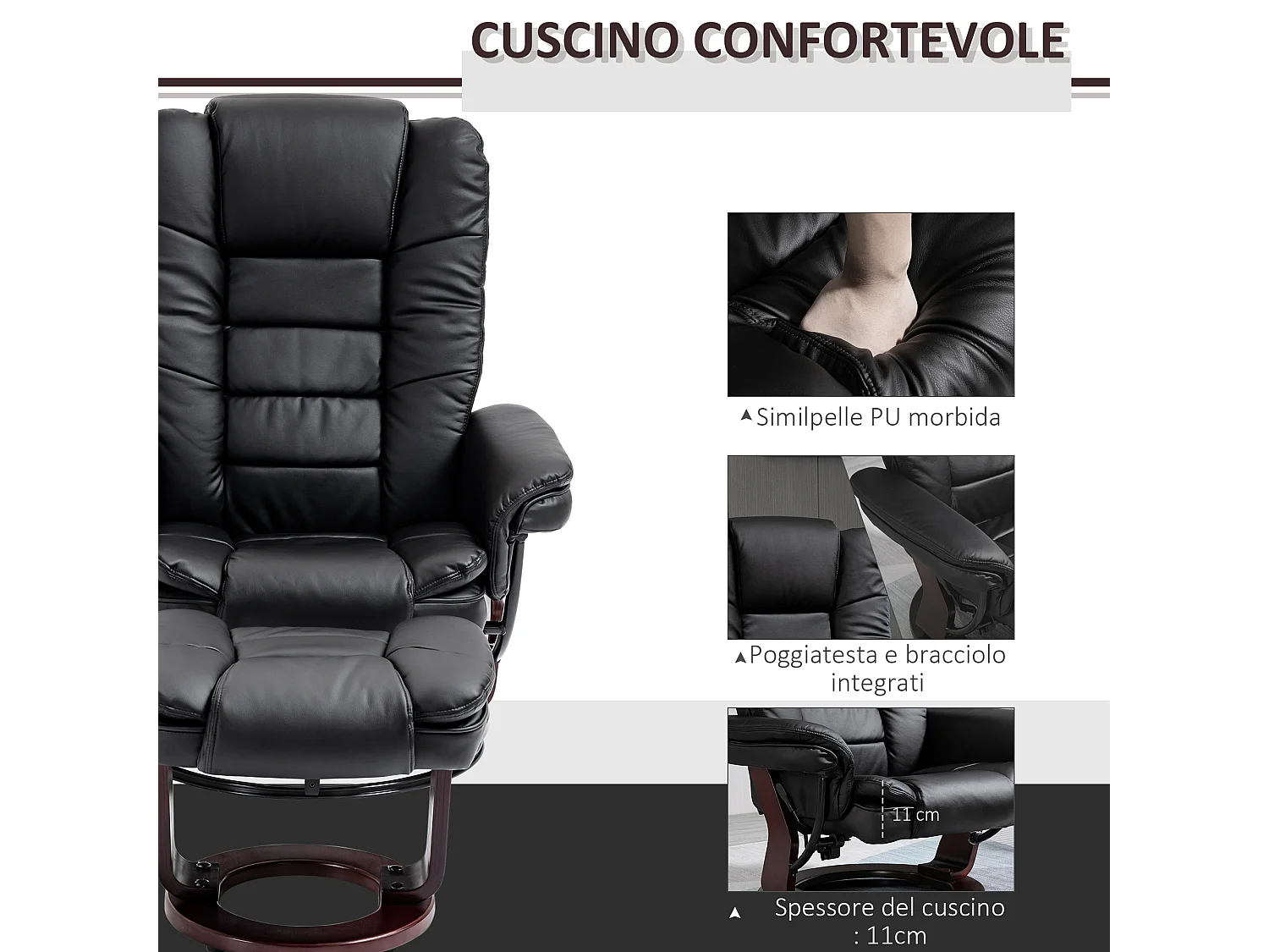 Set poltrona relax e pouf poggiapiedi reclinabile e girevole