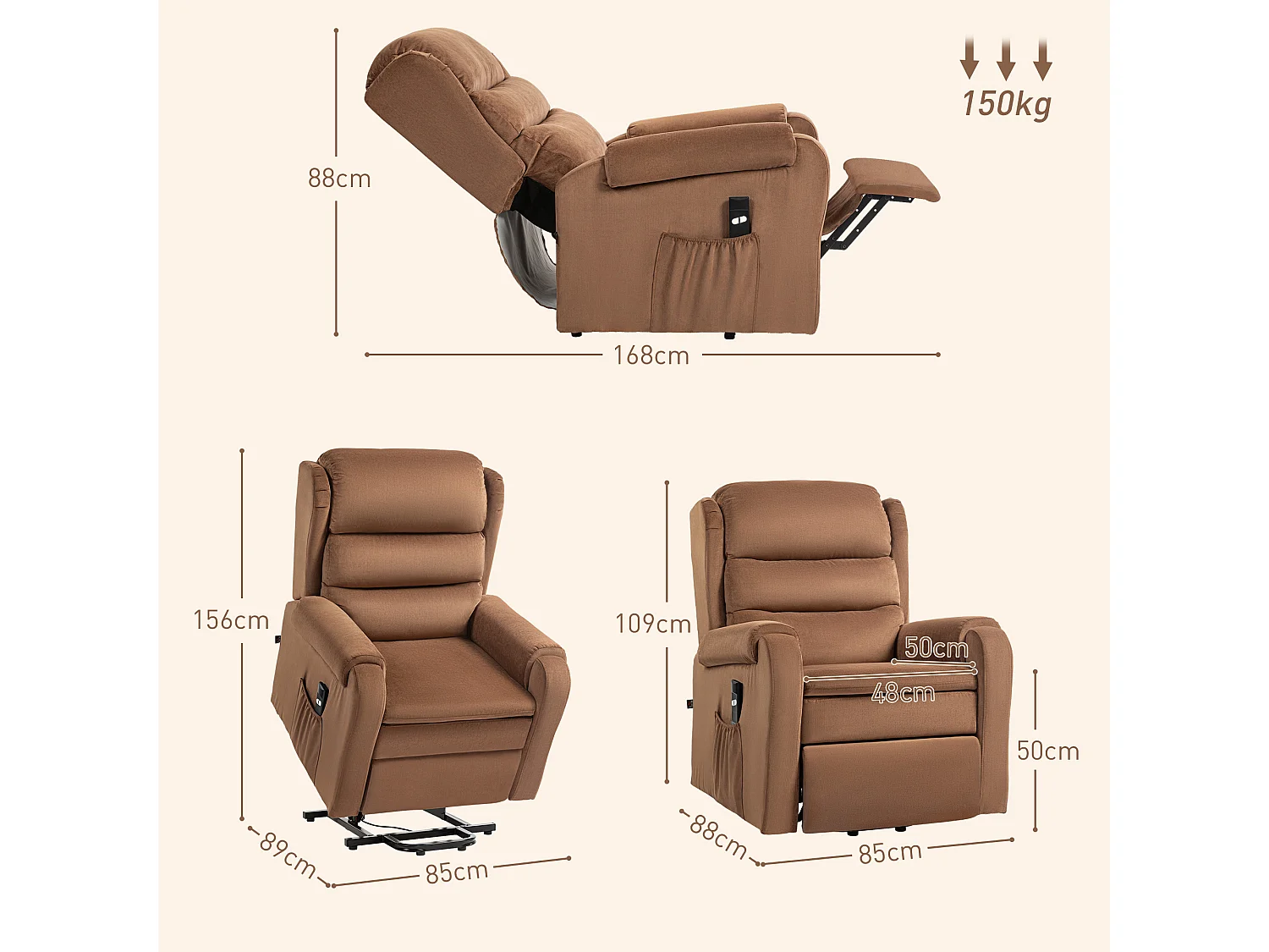 Poltrona alzapersona reclinabile a 160° con poggiapiedi marrone scuro