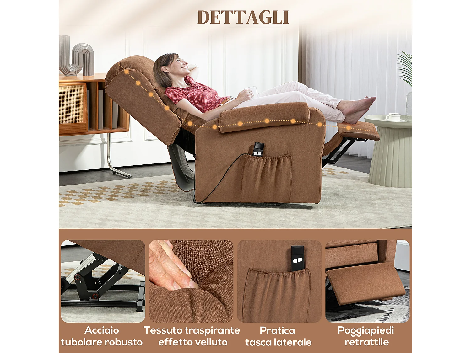 Poltrona alzapersona reclinabile a 160° con poggiapiedi marrone scuro