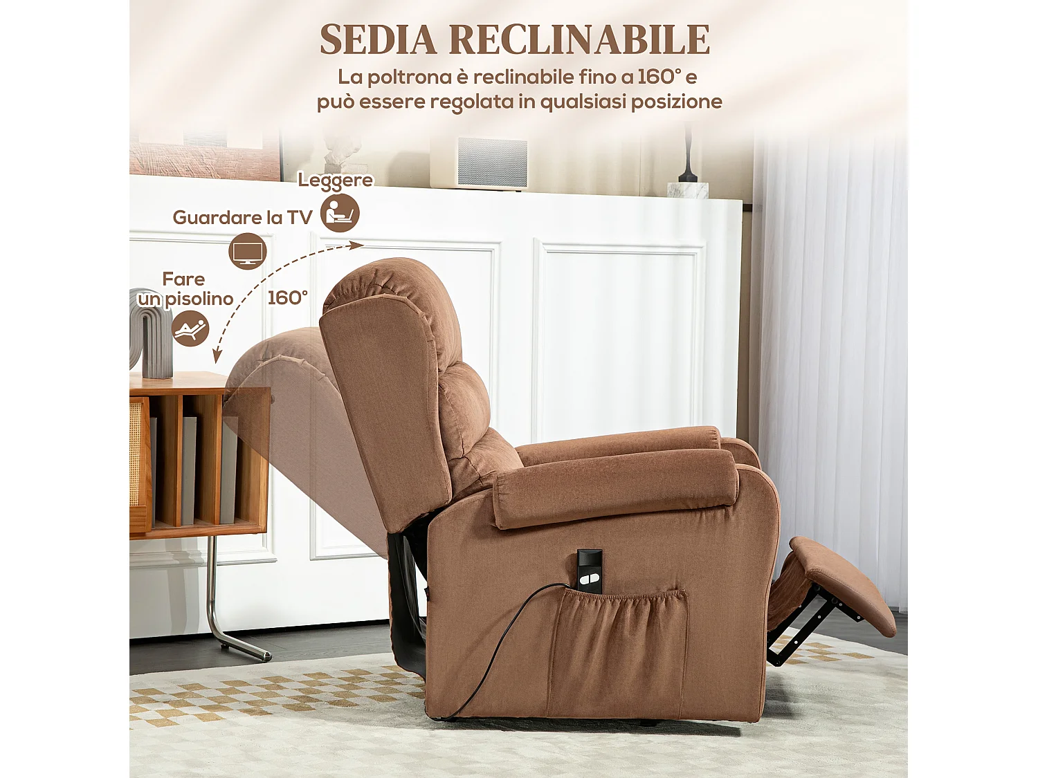 Poltrona alzapersona reclinabile a 160° con poggiapiedi marrone scuro